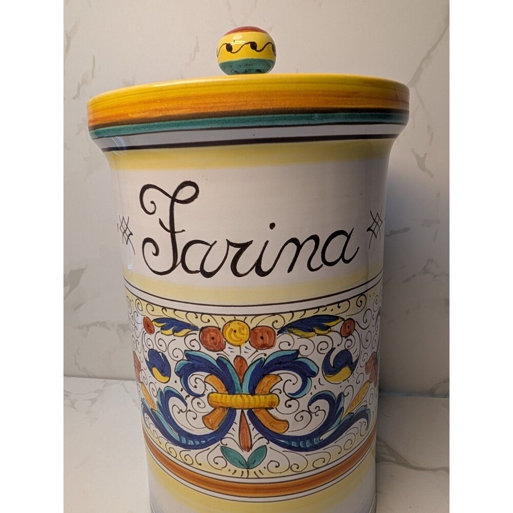 L'Antica Deruta Bellezza Farina Flour Canister w Lid Italian Majolica 10"